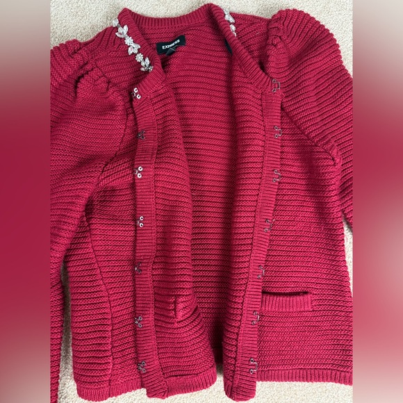 Express Red Jewel Embellished Holiday Christmas Cardigan Sweater Women’s L‎ - Picture 10 of 11